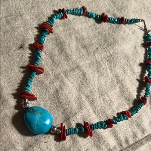 Vintage Navajo Turquoise & Red coral Necklace with Center Stone turquoise stone